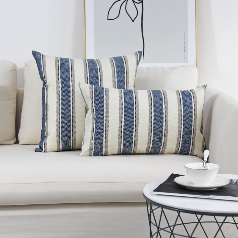 JOJUSIS Stripe Throw Pillow Covers Farmhouse Pillowcases Pack of 2 18 x 18 Inch Blue - Image 3